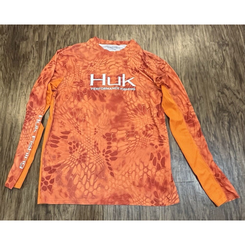 HUK Performance Fishing Shirt Mens M Orange Camo Long Sleeve Lightweight Mesh